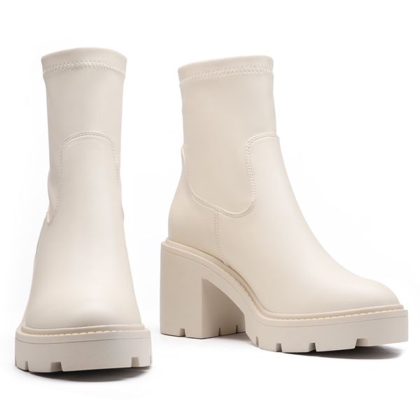 Elastic Chunky Heel Lug Sole Booties - BEIGE WHITE PU - 4